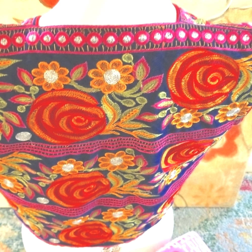 70s FESTIVE Floral Bolero Crop ARTSY OOAK Eclectic Embroidery Handmade Vest 32" - Picture 5 of 12